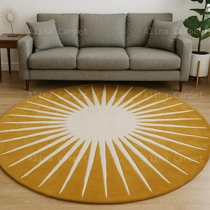 Yellow Sunburst Wool Rug: Modern Boho Living Room Carpet