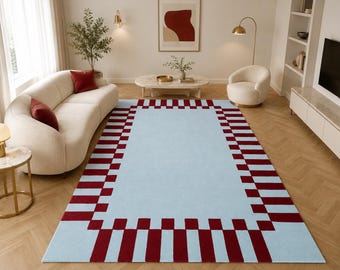 Dywan wełniany tuftowany ręcznie, niebiesko-czerwony, geometryczny wzór, nowoczesny salon