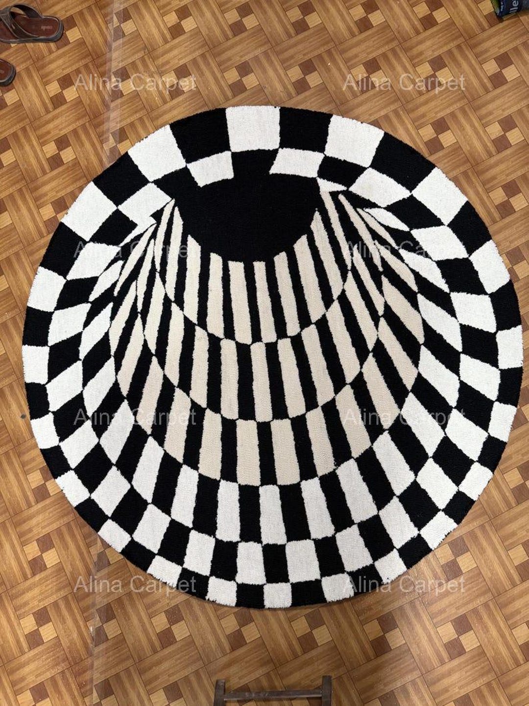 Integrative Visual Rug Hand Tufted Optical Illusion Rug, Black White Round Area Rug, Checkered ...