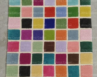 Handmade Colorful Rug Hand-Tufted Rug – Cut Loop Pile Multi-Color Wool Carpet – Geometric Area Rug for Living Room, or Kids Room 5x8, 6x9 Ft