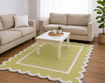 Alfombra de lana verde claro festoneada: forma irregular, tufted a mano
