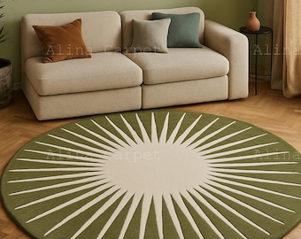 Handmade Golden Yellow Sunburst Round Rug – Modern Hand-Tufted Wool Rug | Cream Center Circle Carpet for Living Room, Bedroom, 5x5 6x6 Feet