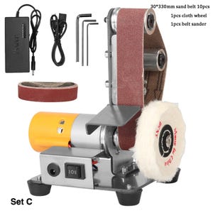 a sanding machine with various tools and accessories, including a sand belt, cloth wheel, belt sander, and power adapter.