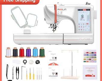 Smart Computerized Embroidery Machine, 4"×9.2" Area, 7" Touchscreen, Single-Needle, Threads+Tear-Away+Bobbins (110–240V)