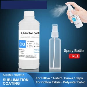 May include: A white bottle of sublimation coating with a blue and white label, next to an empty spray bottle and a spray bottle in use. The text on the label reads "Sublimation Coating" and "For Pillow / T-shirt / Canva / Caps".