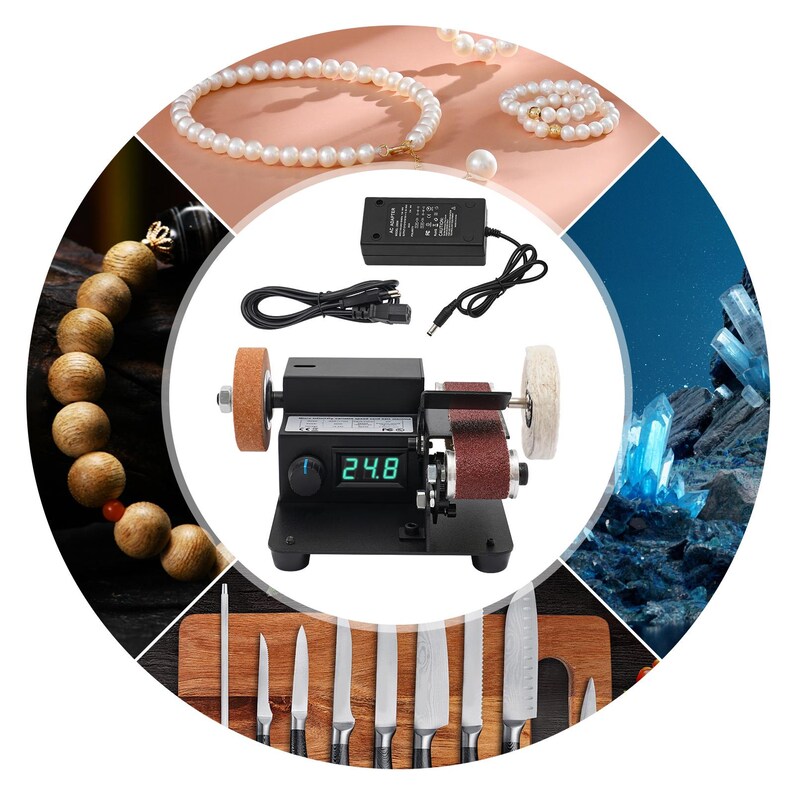 The image is a collage of various jewelry-making tools and materials, including pearls, beads, a grinding wheel, and a set of knives.