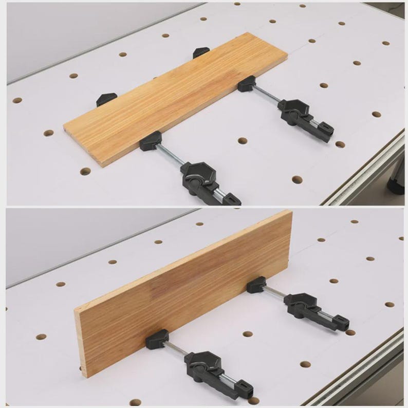 a wooden plank being held in place by a clamp on a white workbench with holes.