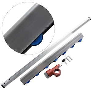 May include: A silver-colored metal tile cutter with blue wheels and a red handle. The cutter has a ruler printed on the side and includes several small screws and a black knob. A close-up shows the metal's texture.