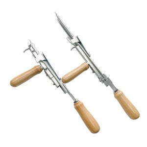 May include: Two metal tools with wooden handles. The tools have a long, thin, silver-colored body with a wooden handle at each end. The handles are light brown. The tools are angled towards each other.