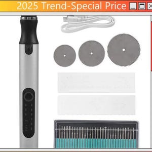 May include: A silver and black rotary tool kit with multiple saw blades, sanding pads, and a variety of drill bits. Includes a USB charging cable. The text "2025 Trend-Special Price" is visible at the top.
