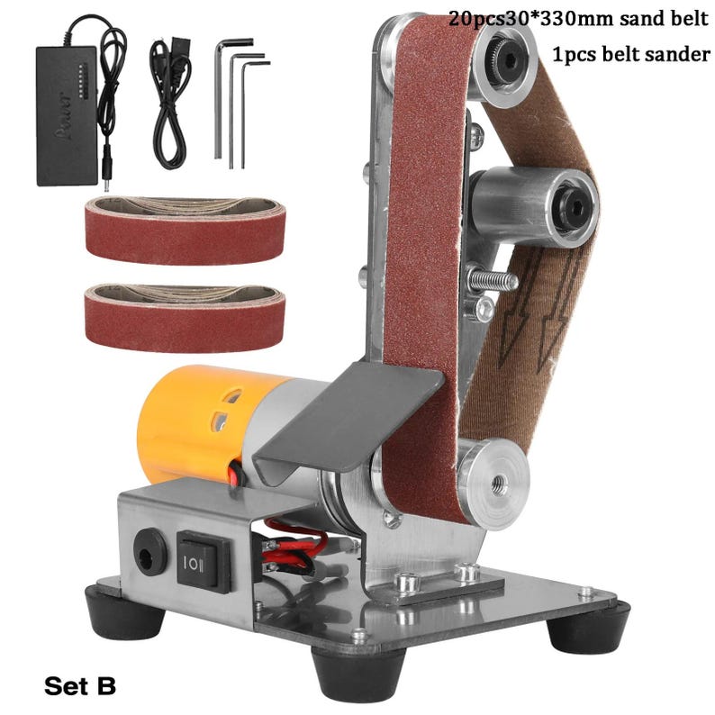 a sand belt sanding machine with various tools and accessories, including a sand belt, belt sander, and power adapter.