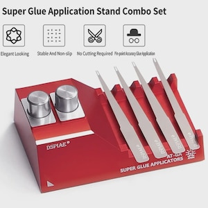 May include: A red super glue application stand combo set. The set includes a red stand with two silver knobs and four silver applicators. The text "Super Glue Applicators" is printed on the stand.