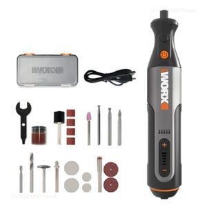 May include: A gray and black WORX rotary tool kit with various attachments, including grinding bits, sanding discs, and a wrench. The kit includes a silver storage case and a power cord.