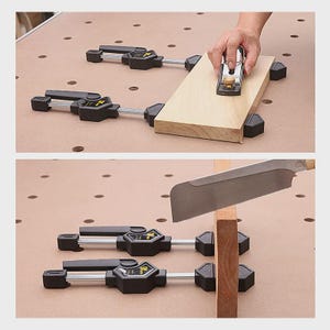 The image is a collage of two photos showing a person using a hand plane to smooth a wooden board, and a hand using a hand plane to smooth a wooden board.