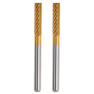 May include: Two metal drill bits with a gold-colored cutting head and a silver-colored shaft. The cutting head has a spiral design. The bits are designed for use in a drill or milling machine.