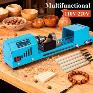 May include: A blue multifunctional wood lathe with a red power button, surrounded by wood carving tools and wooden bowls. The text "Multifunctional 110V 220V" is displayed at the top. A wooden bead bracelet is also visible.