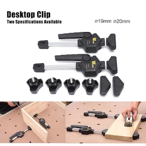 The image is a collage of two photos. The top photo shows a pair of black desktop clips with two specifications available, while the bottom photo depicts a person using the clips to hold a wooden board in place.
