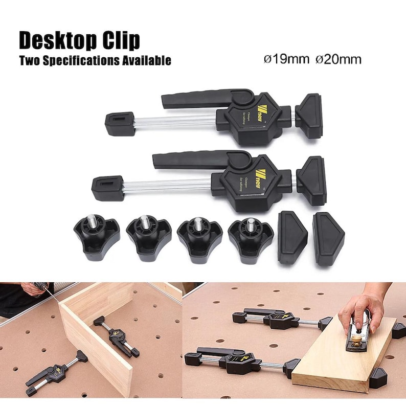 The image is a collage of two photos. The top photo shows a pair of black desktop clips with two specifications available, while the bottom photo depicts a person using the clips to hold a wooden board in place.