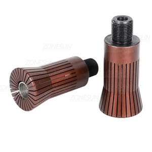 May include: Two brown and black collet chucks on a white background. One is lying on its side, and the other is standing upright. The collets have a slotted design and a threaded top.
