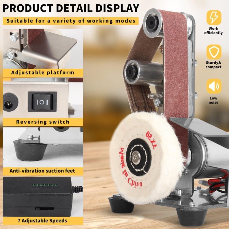 The image is a product detail display showcasing a sanding machine with various features and functions.