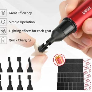 May include: A red and black DSpiae tool is held in a hand, with a white star-shaped object being worked on. The tool has multiple black attachments. The image also shows a gift box and a sheet of black squares with text.