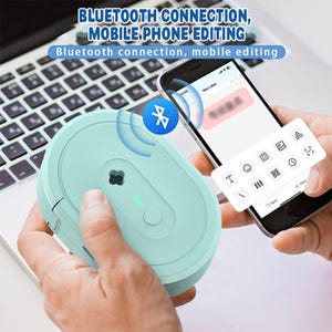 May include: A light teal Bluetooth label maker is held in a person's hand, connected to a smartphone. The phone displays editing options. The text on the image reads "Bluetooth connection, mobile editing."