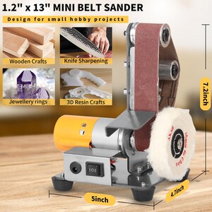The image is a product advertisement for a mini belt sander designed for small hobby projects. It features a belt sanding machine with various attachments, such as a knife sharpening attachment, a jewelry ring attachment, and a 3D resin craft attachment. The sanding machine is designed for projects of 1.2" x 13" in size.
