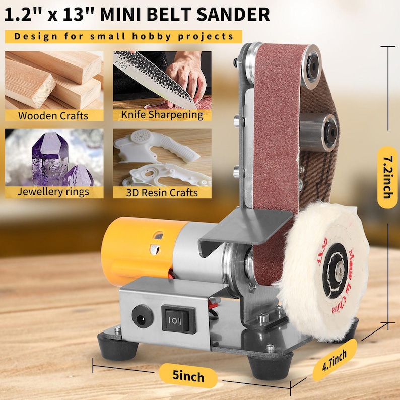 The image is a product advertisement for a mini belt sander designed for small hobby projects. It features a belt sanding machine with various attachments, such as a knife sharpening attachment, a jewelry ring attachment, and a 3D resin craft attachment. The sanding machine is designed for projects of 1.2" x 13" in size.