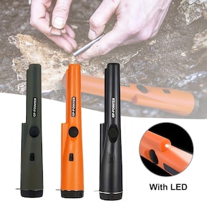 May include: Three metal detectors in olive green, orange, and black. Each has a black button and the text "GP-POINTER". A close-up shows an orange detector with an LED light. The background shows a person using a metal detector.