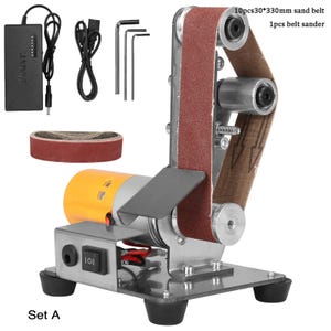 a sand belt sanding machine with various tools and accessories, including a belt sander, sanding wheel, and power adapter.