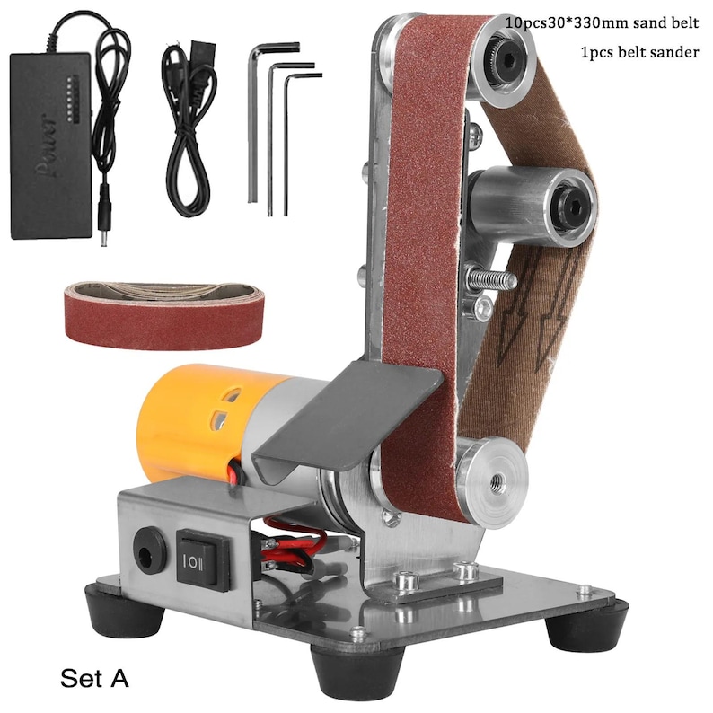 a sand belt sanding machine with various tools and accessories, including a belt sander, sanding wheel, and power adapter.