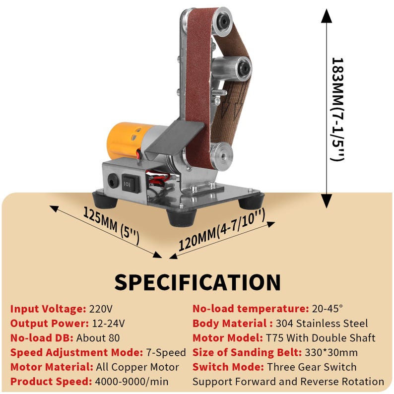 a sanding machine with various specifications and features, including its power, size, and materials.
