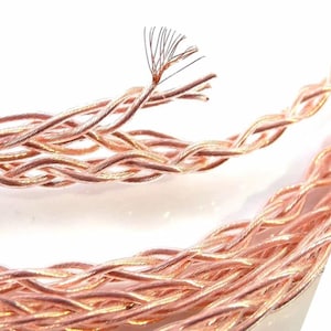 May include: Close-up of copper-colored braided wire, with individual strands visible at the end. The wire is tightly woven, creating a textured appearance. The image is set against a bright white background, highlighting the metallic sheen of the wire.