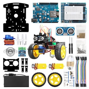 May include: A robotics kit with various components, including a black chassis, circuit boards, sensors, motors, and wheels. The robot has black tires with yellow rims. Wires and screws are also included.