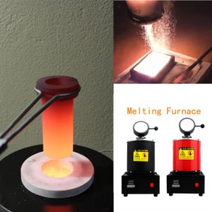 May include: A close-up of a red-hot crucible held by tongs, with a glowing interior. The image also shows a melting furnace with the text "Melting Furnace" and two furnaces, one black and one red.