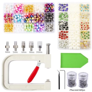 May include: A craft kit with a white bead fixing tool, a green tray, and two containers of silver beads. The kit includes various sizes of metal attachments, and two plastic containers filled with beads in multiple colors and shapes.