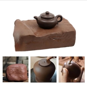 May include: A small, dark brown ceramic teapot with a lid, placed on a rectangular, textured brown base. The image also shows the process of making the teapot, including the clay and the shaping process.