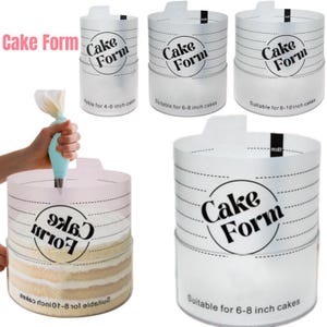 May include: White cake forms with the text "Cake Form" in a circular design. The forms are labeled as suitable for 4-6, 6-8, and 8-10 inch cakes. One image shows a cake being decorated with a piping bag.
