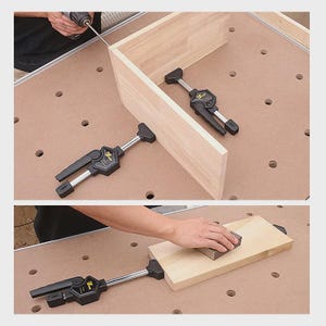 The image is a collage of two photos showing a person using a woodworking clamp to hold a wooden board in place while sanding it.