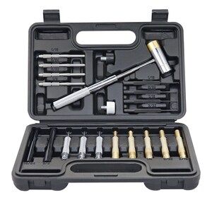 May include: A black plastic tool kit with a variety of tools, including a hammer with a silver handle and a gold head, and several punches. The kit is open, displaying the tools in organized compartments.