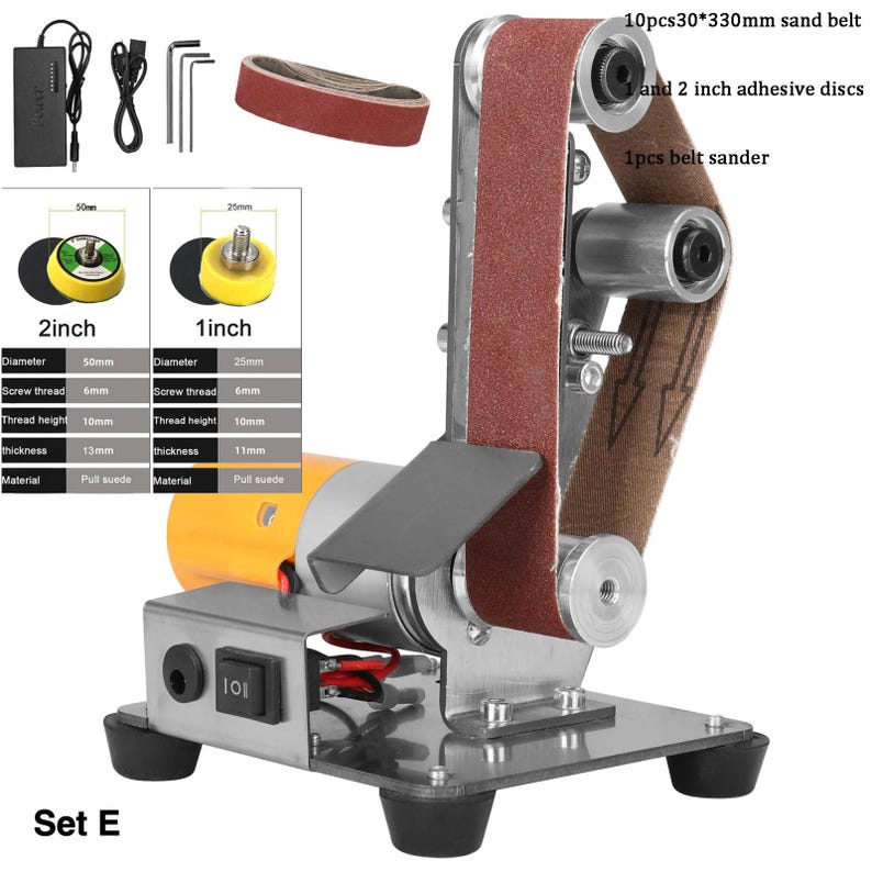 a sand belt and belt sander, along with various tools and materials. The sand belt is a belt-driven sanding machine, and the belt sander is a belt sander that can be attached to the sanding belt. The image also includes a list of dimensions and features for the sanding machine and belt sander.
