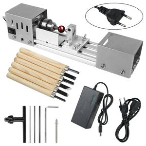 May include: A silver mini wood lathe with a red wooden sphere in the center, accompanied by a set of wood carving tools with wooden handles. Includes a power supply, power cord, and various metal tools.