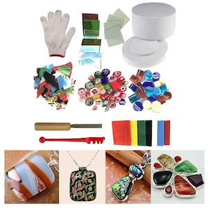 May include: A collection of glass art supplies and finished jewelry. Includes a white glove, colorful glass pieces, ceramic molds, glass beads, tools, and pendants with various designs and gemstones.
