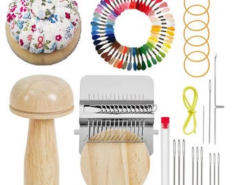 Mini Darning Loom & Weaving Repair Kit – 14-Hook Handcrafted Sewing Tool Set for Mending Socks, Sweaters and DIY Textile Projects