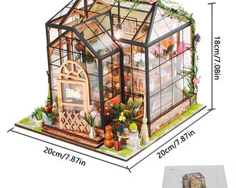 DIY Miniature Greenhouse Dollhouse Kit with LED Light and Furniture – Wooden Craft Building Set for Adults and Teens