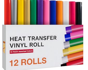 12-Pack Heat Transfer Vinyl Rolls (12"x5ft) | Multi-Color HTV Bundle for Cricut and DIY T-Shirt, Hat, Tote and Fabric Projects