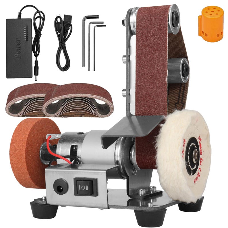 various tools and equipment, including a sanding machine, a power supply, and a wheel brush, all arranged on a white background.