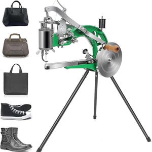 May include: A green and silver industrial sewing machine with a wooden handle, used for leather and fabric. The image also shows examples of finished products, including handbags, a tote bag, sneakers, and boots.