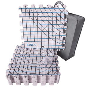 May include: White interlocking craft mats with blue grid lines and circular markings. The mats have the text "PANG-Q" and come with a gray carrying case. A small bag of metal pins is also included.