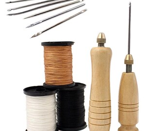 Leather Sewing Awl Kit with Wooden Handle – Hand Stitching Needle Set for Shoes, Canvas & Repairs